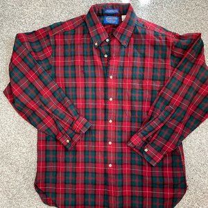 Sir Pendleton Red Plaid Men’s Button Up Wool Flannel Shirt Size Large *Repairs*